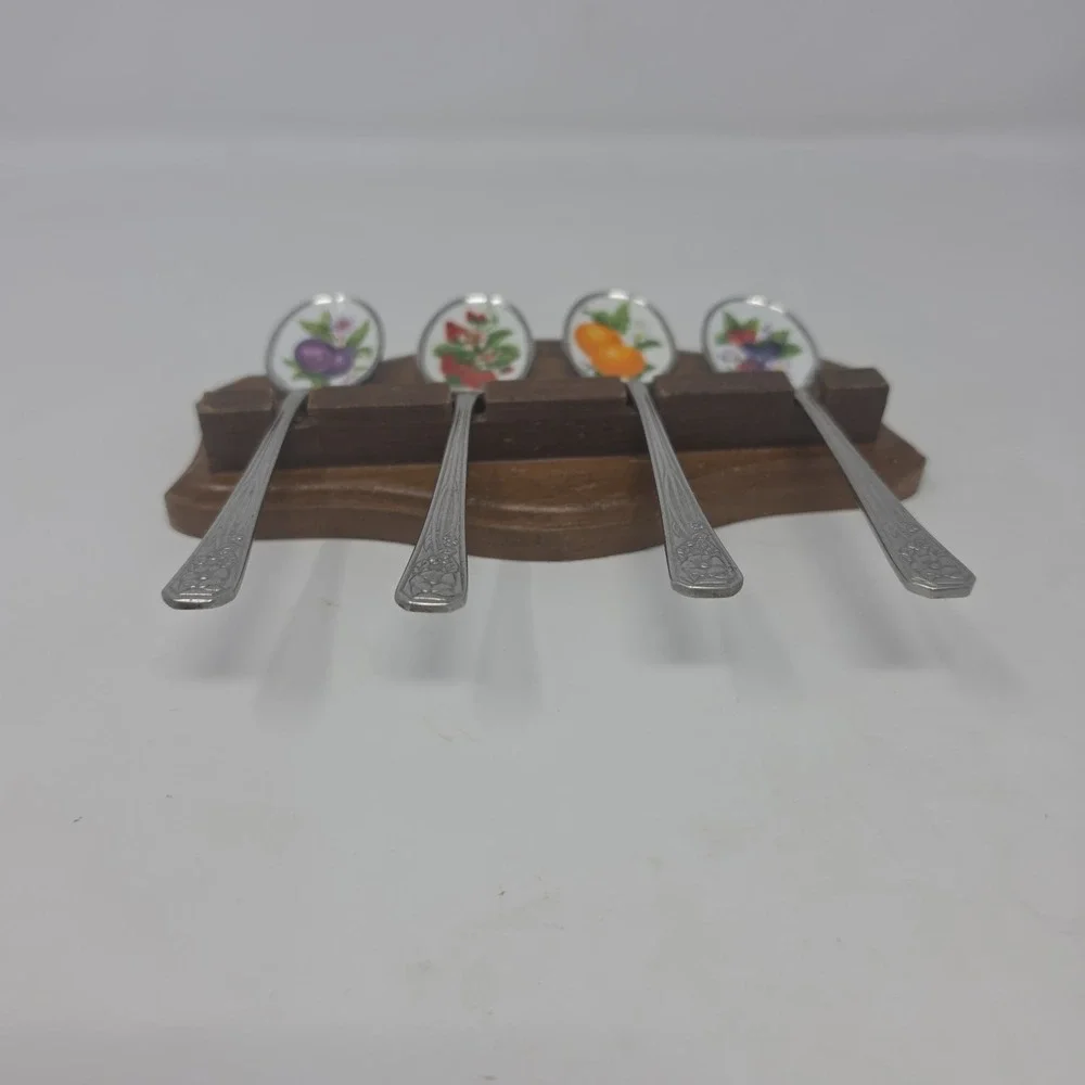 Vintage Avon Fruit de Saison Collector Spoons- Set of 4 with Wooden Rack - Japan